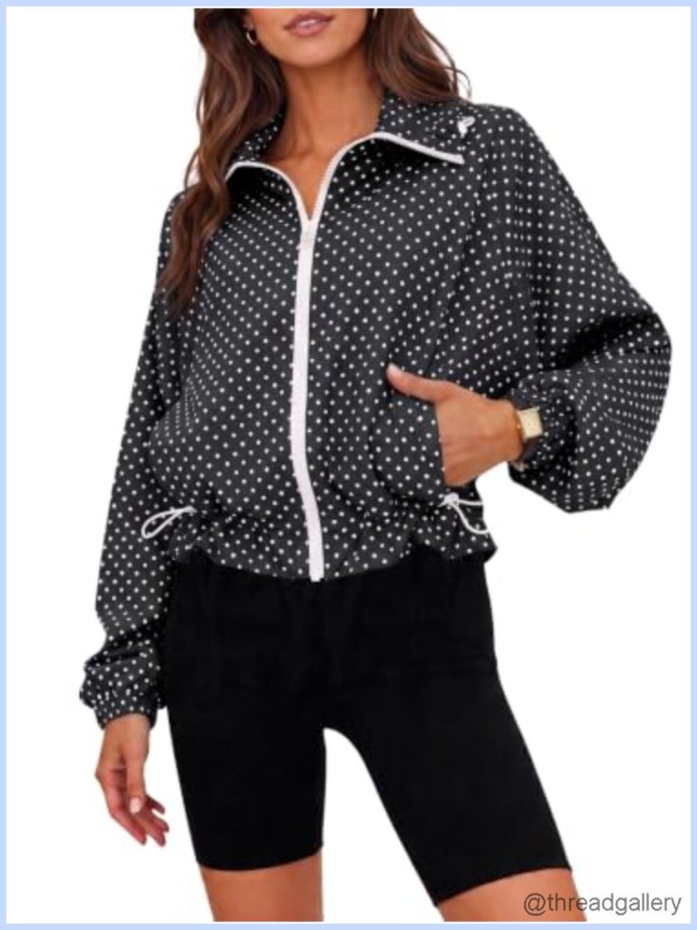 Fisoew Womens Polka Dot Cropped Jacket Zip Up Oversized Casual Fall Coat
